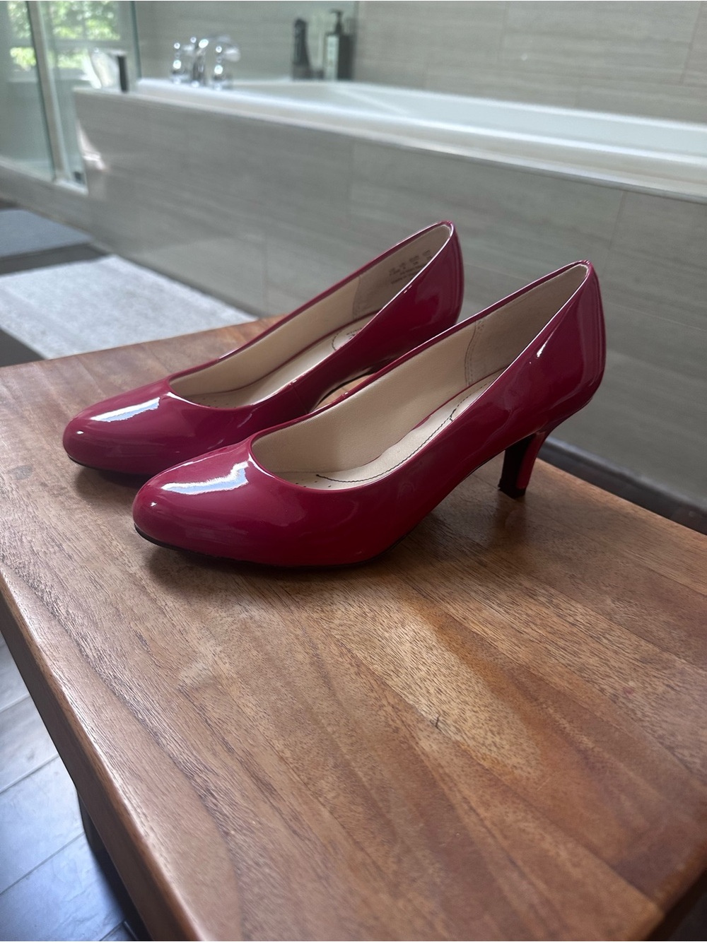 Life Stride Patent Mid-Heel Pumps in Berry Red